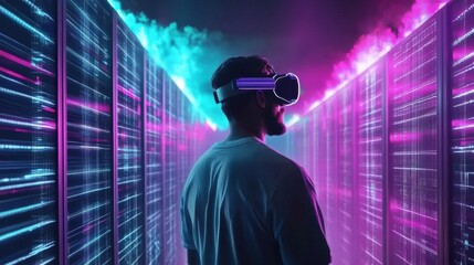 Man in VR Headset Exploring Digital Server Room