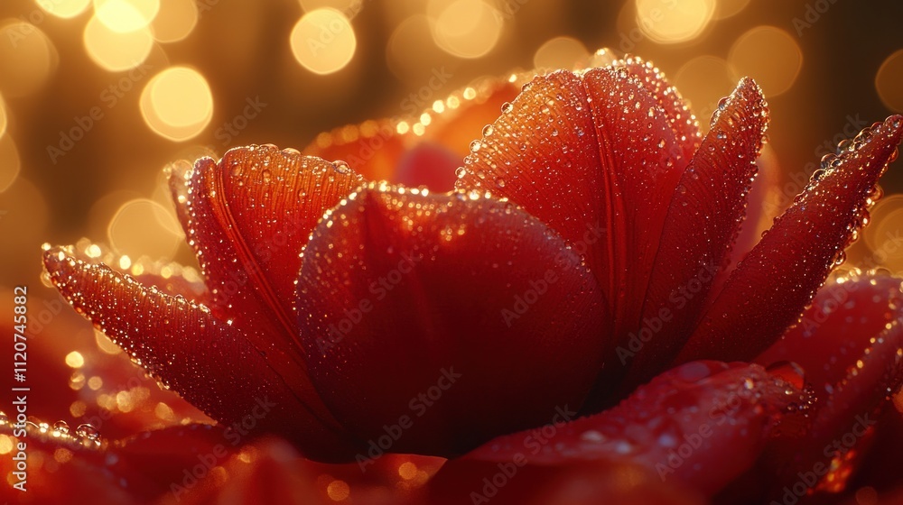 Poster close-up of a dew-covered red tulip with bokeh lights in the background.