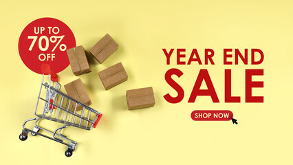 bulk parcel boxes and shopping cart with year end sale and 70% offer text. sales, offer, online...