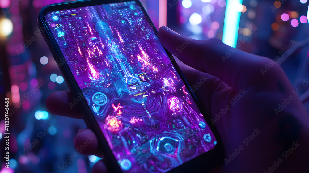 Poster close-up of a hand holding a smartphone displaying a vibrant, futuristic mobile game. neon lights cr