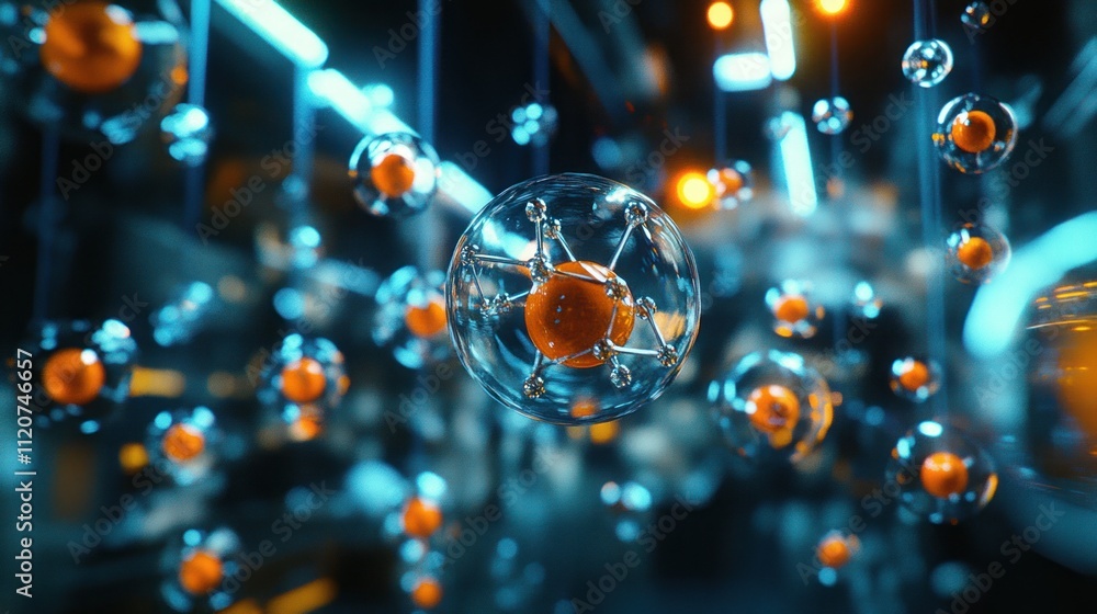 Aufkleber abstract 3d rendering of atoms or molecules floating in a dark space with neon lights.