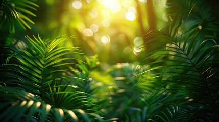 Lush green tropical foliage with sunlight filtering through leaves.