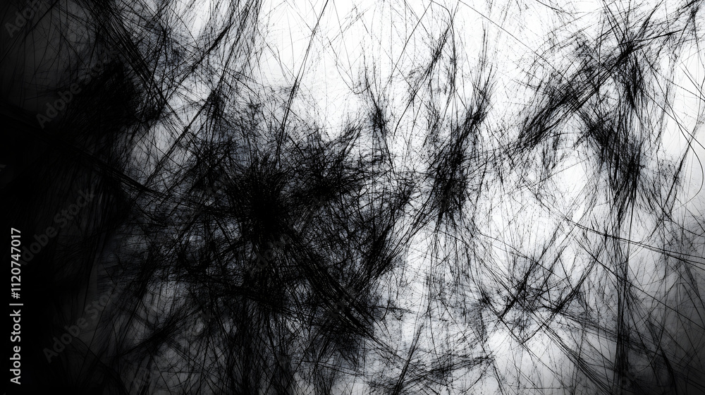 Poster abstract black and white artwork featuring chaotic, intersecting lines creating a sense of depth and