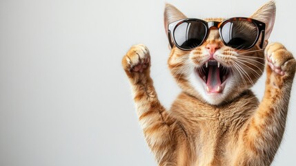 Happy ginger cat wearing sunglasses, paws raised.