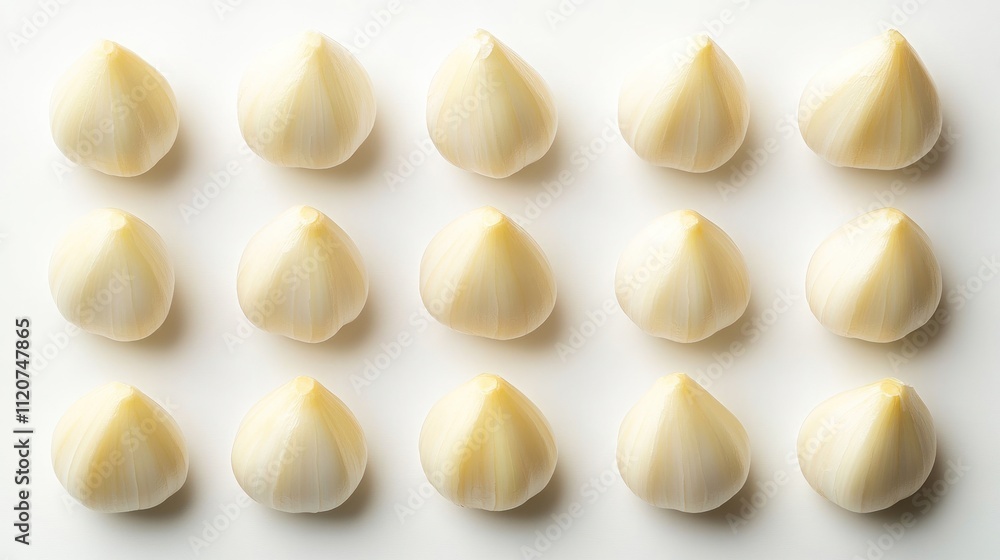 Poster overhead view of peeled garlic cloves arranged in a grid pattern on a white background.