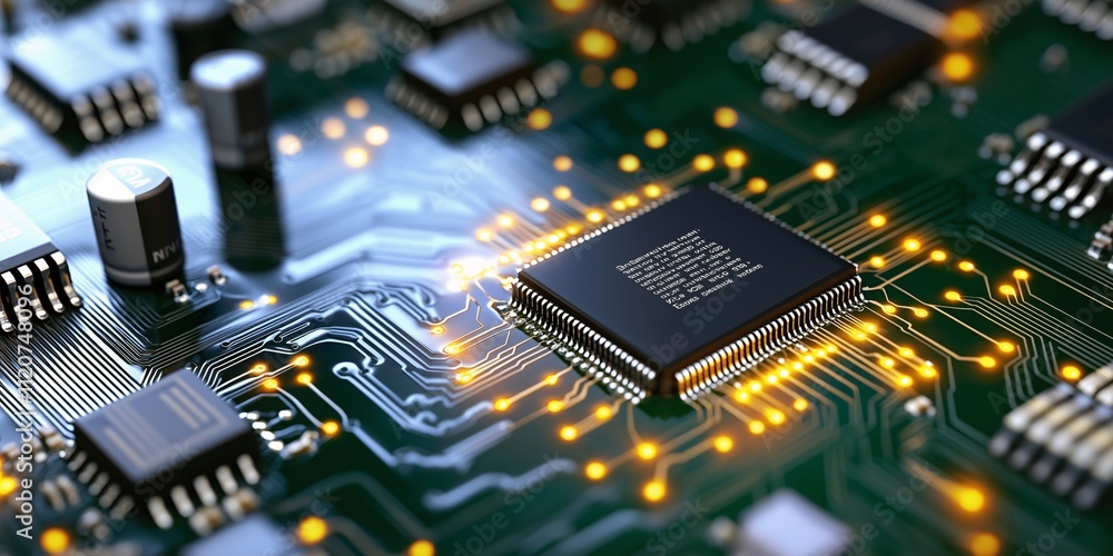 Poster close-up view of microchip and circuit board to illustrate advanced technology with intricate patter
