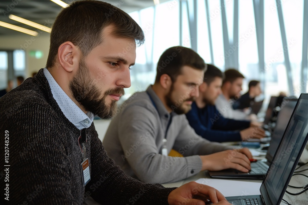 Poster focused professionals working on computers in a modern office space with natural light streaming thr
