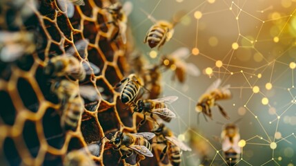 A busy bee hive with bees communicating and exchanging information through intricate dance moves symbolizing the quick and efficient communication within blockchain networks.