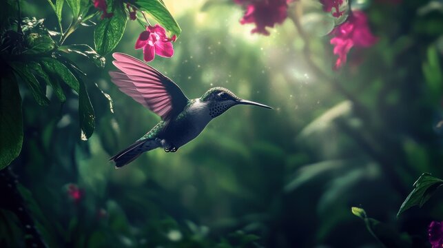 Pink blooming hummingbird in a wooded environment. Flying in a natural tropical wood habitat, red flower, green violet ear, Colibri thalassinus