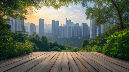 Naklejka premium wooden floor with green trees in the foreground, overlooking Chongqing's city skyline under a blue sky and sunlight. The background features tall buildings towering over lush vegetation.