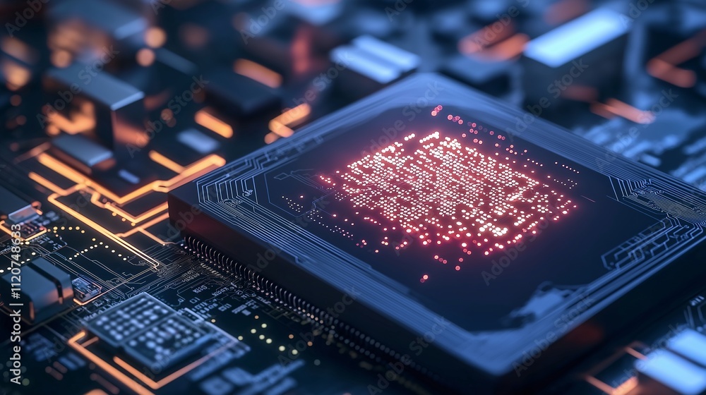 Poster high-tech microchip circuit board with illuminated patterns representing artificial intelligence and