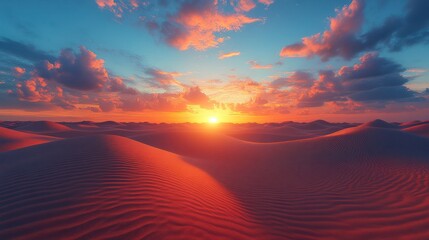 Vibrant sunset over rolling sand dunes in a vast desert landscape.