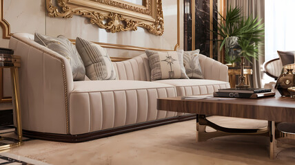 Beige Upholstered Sofa with Channel Tufting in Modern Living Room Setting