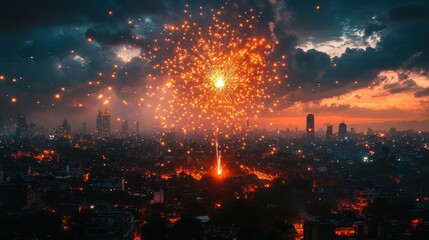 Fototapeta premium Cityscape at sunset with numerous sky lanterns and fireworks.