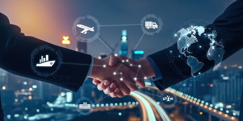 Handshake Symbolizing Global Business Cooperation and Technology
