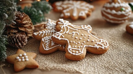 Christmas gingerbread cookies homemade and New Year decor on table with burlap tablecloth