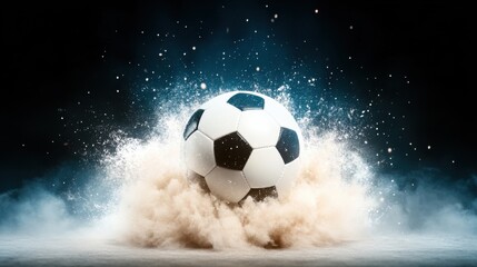Fototapeta premium Dynamic soccer scene with exploding ball sports field action shot energetic environment close-up view motion concept