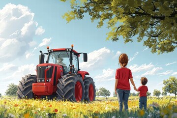 Family watching tractor in field rural landscape digital art bright sky warm day farming concept