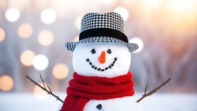 Outdoor winter scene: cheerful snowman with houndstooth fedora, red scarf, carrot nose, branch arms, and a bokeh background of golden, white, and blue festive lights.