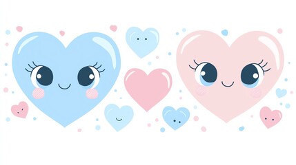 Kawaii-style heart-shaped characters with big eyes, pastel color palette, floating love letter stickers