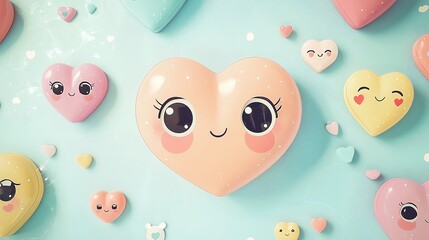 Kawaii-style heart-shaped characters with big eyes, pastel color palette, floating love letter stickers