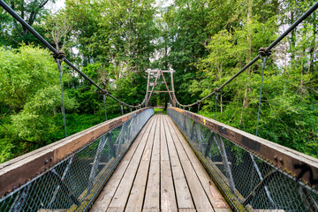 Suspension bridge. Travel destination. Destination route way. Touristic pathway outdoor. Path way on bridge in forest. Adventure route way path. Concept of wanderlust