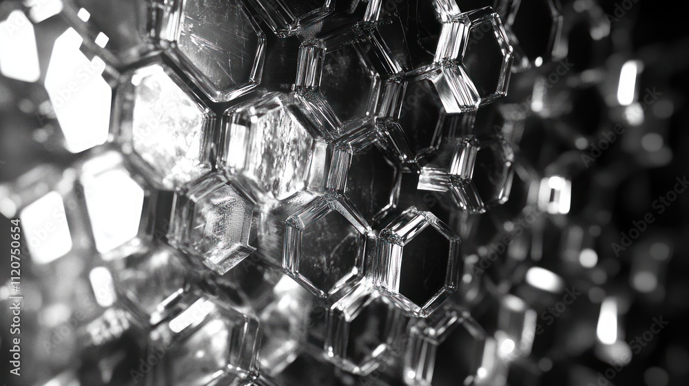 Poster abstract grayscale image of a hexagonal glass structure with light reflections and depth.