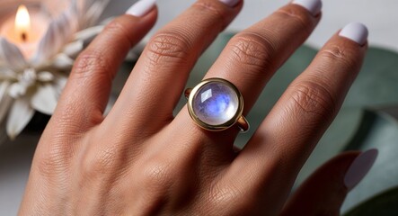 A moonstone ring in a bezel setting glowing mysteriously on her ring finger