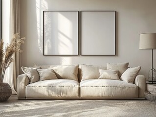 Minimalist Living Room Interior Design Mockup with Light Beige Sofa and Soft Textures