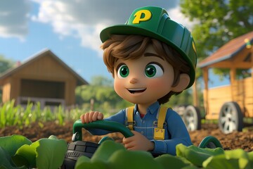 Child gardening with equipment farm animated scene sunny day close-up growth and learning in nature