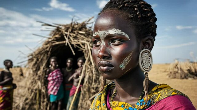 African tribal woman wearing traditional attire at local village with clay house or hut 