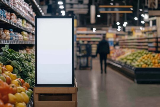 Grocery store interior with empty signage and fresh produce in the background during a busy shopping day