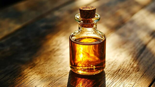  a bottle of Nard oil or  spikenard anointment on rustic wooden table 