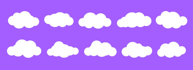 Comic clouds collection. Cartoon cloud shapes set for icon, poster, banner, label, badge, tag, logo. White speech bubble on bright purple background. Text box claud decoration bundle. Vector
