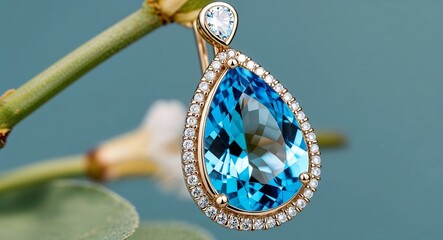 Fototapeta premium Blue topaz teardrop earrings framed with diamond halo pavé detailing