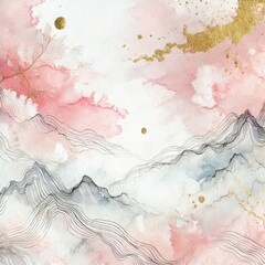 Obraz premium a dreamy background featuring soft pink and white watercolor textures. Incorporate delicate, mountain lines and gentle splashes of gold to evoke a sense of elegance and tranquility. ai