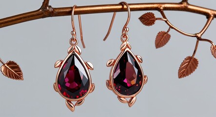 Garnet teardrop earrings framed by rose gold vines and tiny leaves