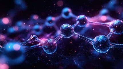 Detailed Molecular Structure of GLP-1 Peptide with Intricate Bonds in Hyper-Realistic Blue and Purple Lighting