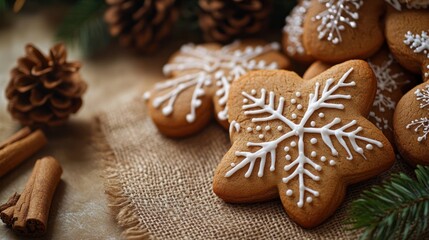 Christmas gingerbread cookies homemade and New Year decor on table with burlap tablecloth