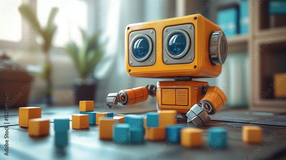 Poster cute retro robot playing with colorful blocks on a wooden table.
