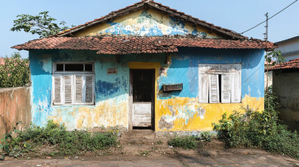 Weathered poverty house home, dilapidated building exterior old architecture, neglected dirty wall poor urban, slum broken run down, shabby abandoned rural.