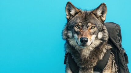 A wolf wearing a backpack against a blue background.