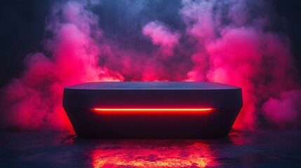 A matte black podium with a sharp, angular design, surrounded by smoke and illuminated by red neon light.