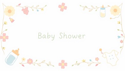 Baby shower invitation card design with floral frame, baby bottles, and clothes.