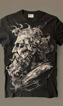 The image features a close-up view of a black t-shirt adorned with a detailed graphic print. The design depicts a stylized artwork of an elderly man's face, likely inspired by classical sculptures, sh