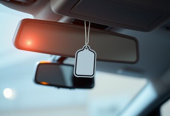 Blank car air freshener hanging from rearview mirror. (1)