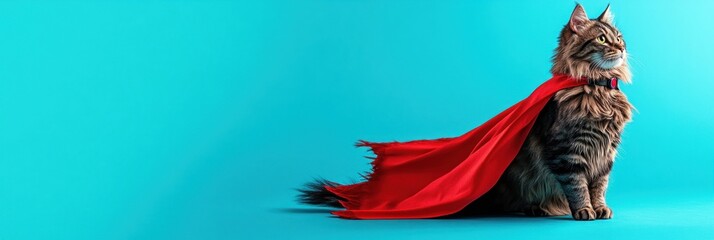 Cat wearing a red cape against a blue background.