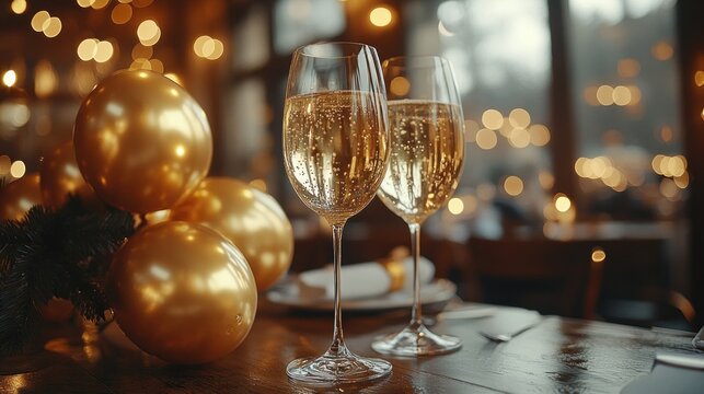 New Year 2025 Party Decor Gold Balloons Candles Champagne Black Gold Table Setting Elegant Festive Celebration