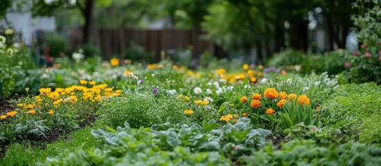A vibrant flower garden with yellow, orange, and white blossoms, lush green foliage, and a blurred background of trees and a fence.