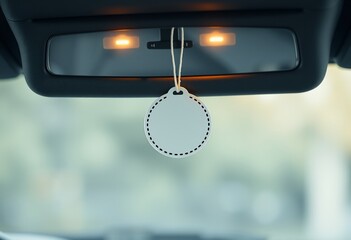 Blank round car air freshener hanging from rearview mirror.
